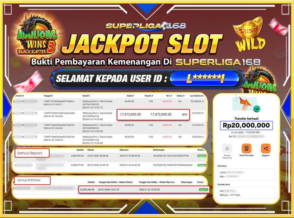 SUPERLIGA168 JACKPOT MAHJONG WINS BLACK 3 SCATTER  Rp.20,000,000,LUNASS